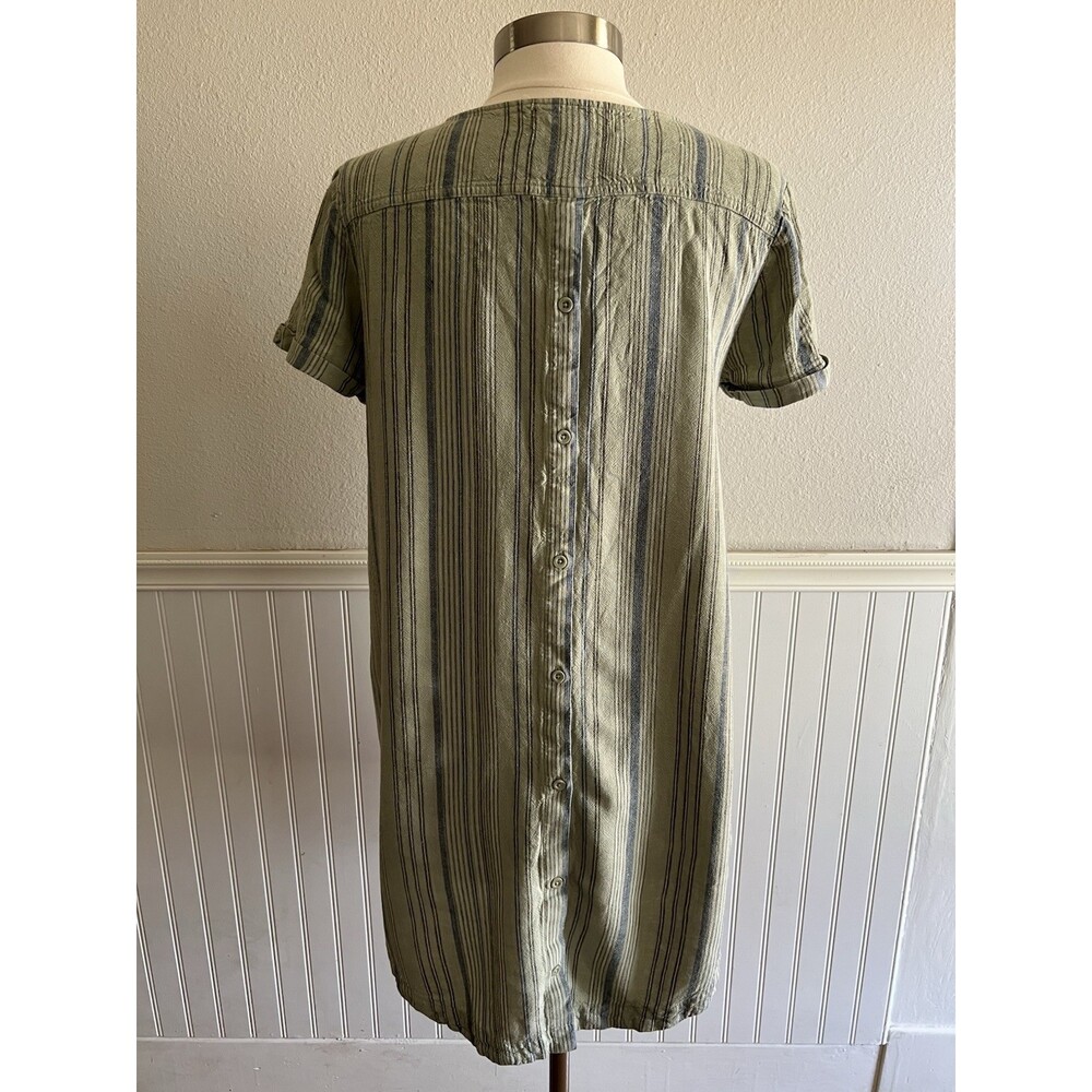 Cloth & Stone Short Sleeve Shirt Dress Button Back Linen Blend Green Stripe M - Picture 3 of 9